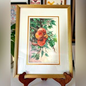 Framed Peaches art, artist signed by Gretchen Bierbaum